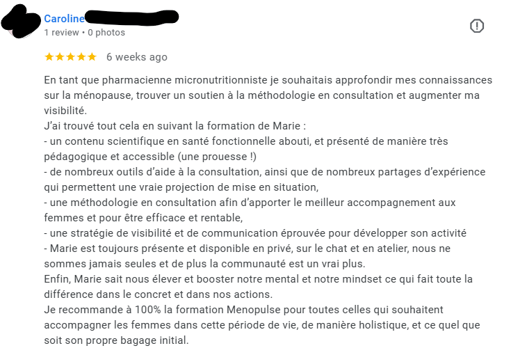 Avis Google Menopulse - pharmacienne micronutritionniste