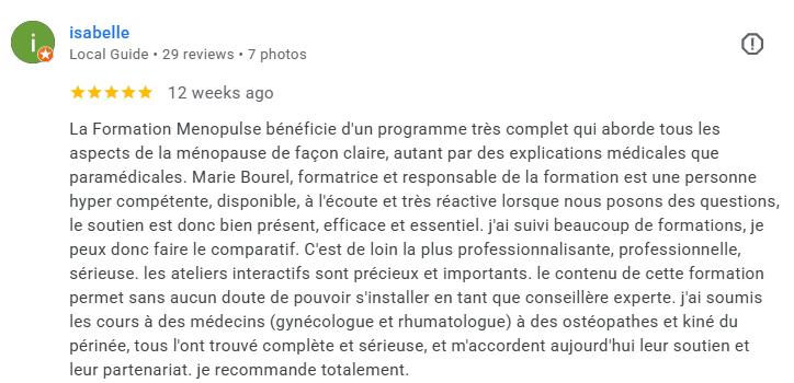 Avis Google Menopulse - contenu soumis et validé
